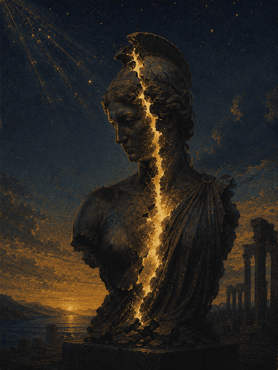 Bronze bust of Athena cracked open with golden light