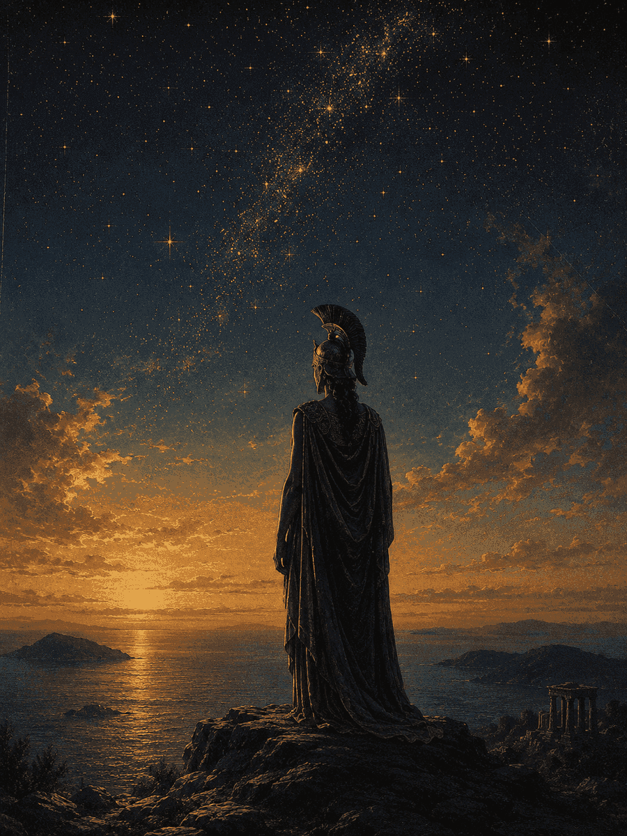 Athena standing at sunset, watching the canon