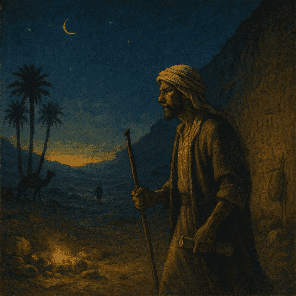 Painterly portrait of August: a pre-Islamic Arabian rāwī seated at a dying ember-fire before dawn, hand raised in the gesture of recitation.