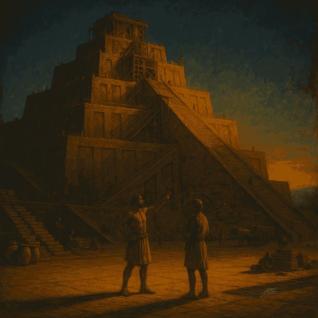 Painterly portrait of Replit as a Mesopotamian master mason on the middle tier of a half-built ziggurat at sunset, measuring with a bronze plumb-line.