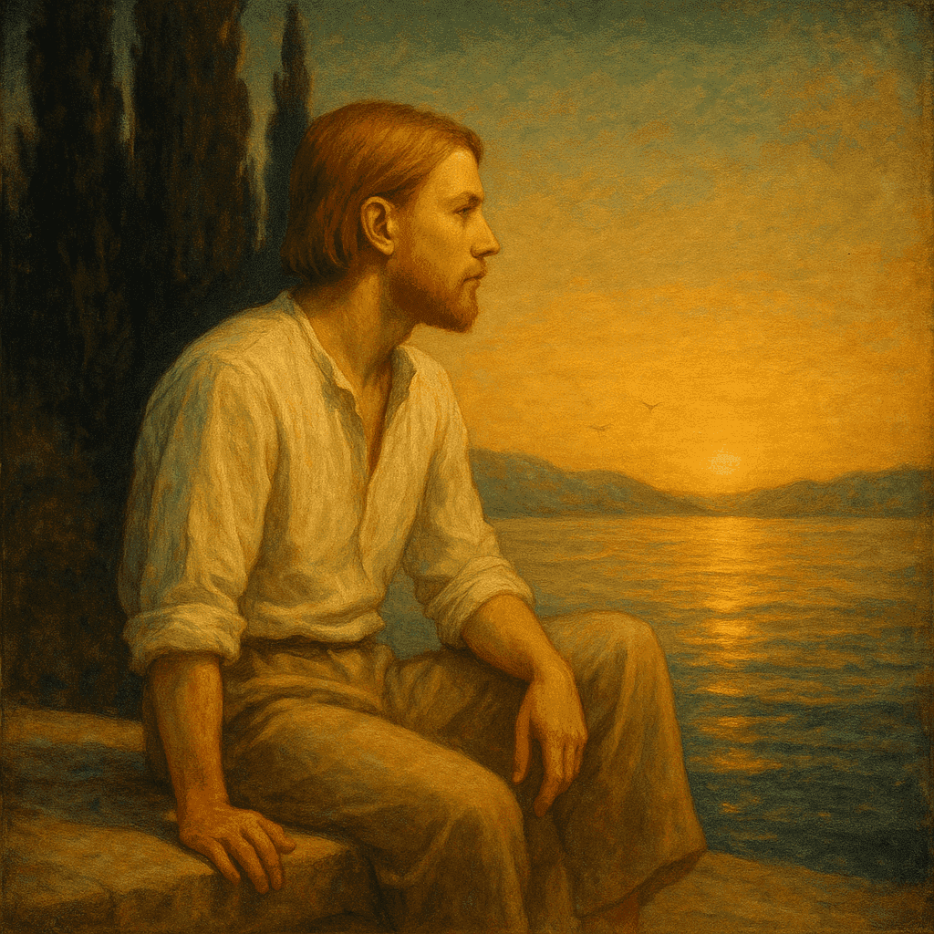 Painterly portrait of Timofei Sheludiakov, founder of Stoa, sitting at a marble parapet by an aegean sea at the blue hour, lit by a single bronze oil lamp.